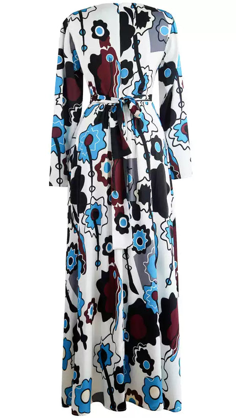 WHITE FLORAL PRINT WRAP MAXI DRESS WITH LONG SLEEVES