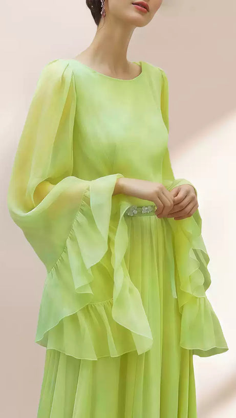 ELEGANT LIME GREEN CHIFFON GOWN WITH RUFFLED SLEEVES