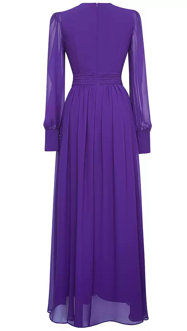 AIIZIE PURPLE CHIFFON LONG DRESS WITH SHEER SLEEVES AND WAIST PLEATS - product image