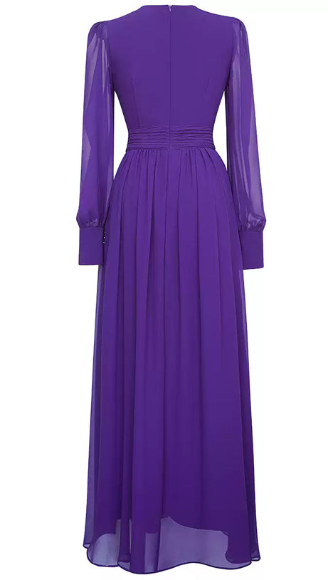 PURPLE CHIFFON LONG DRESS WITH SHEER SLEEVES AND WAIST PLEATS