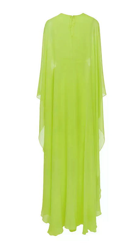 NEON GREEN CHIFFON MAXI DRESS WITH CAPE SLEEVES AND PLUNGE NECKLINE