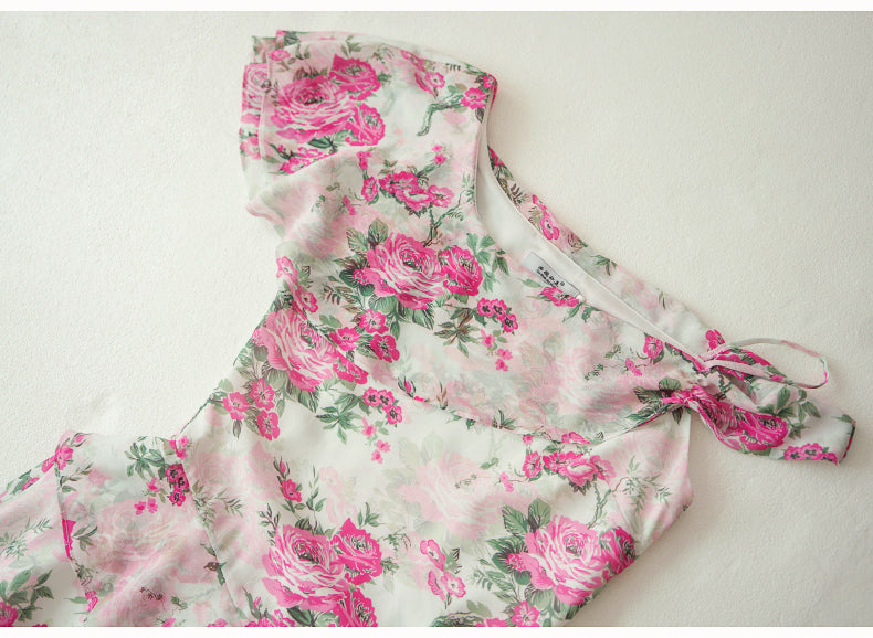ASYMMETRIC RUFFLE FLORAL CHIFFON HOCOMAXI DRESS