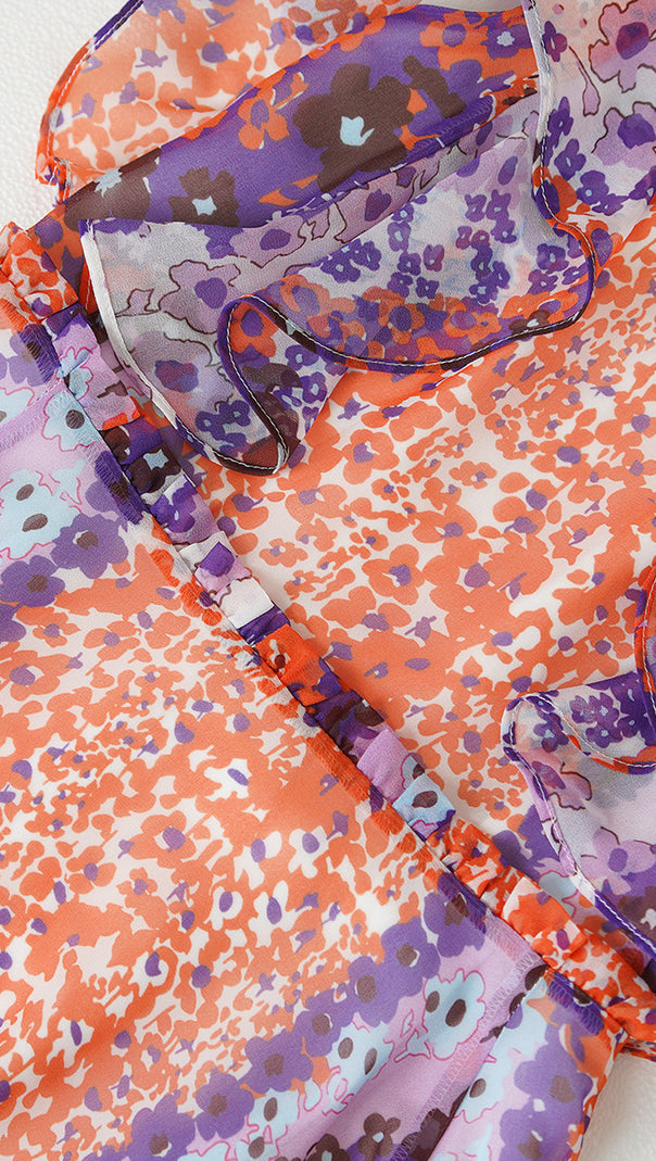 AIIZIE ELEGANT FLORAL LONG DRESS WITH RUFFLED NECKLINE AND SLEEVELESS DESIGN - product image