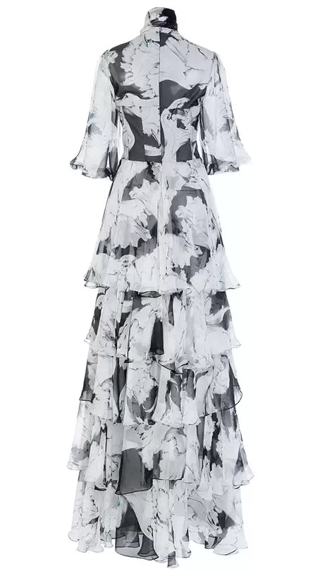 ELEGANT FLORAL TIERED MAXI DRESS WITH BOW NECKLINE