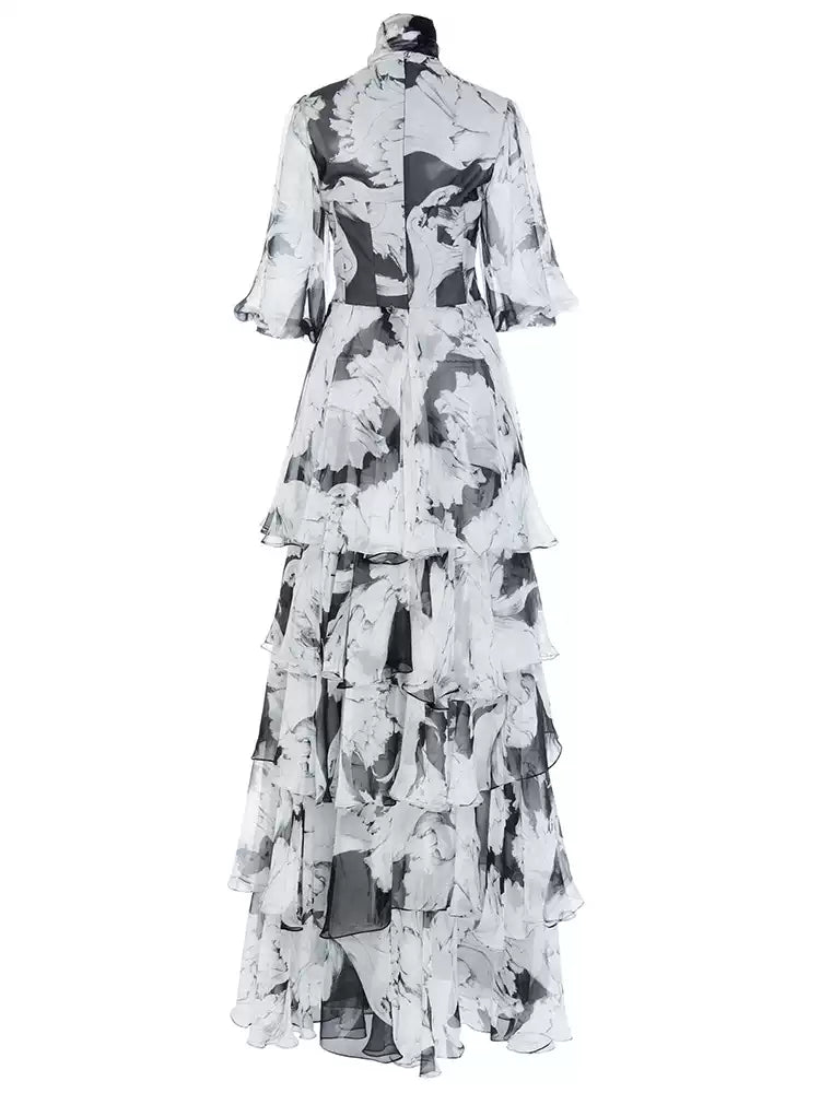 AIIZIE ELEGANT FLORAL TIERED MAXI DRESS WITH BOW NECKLINE - product image