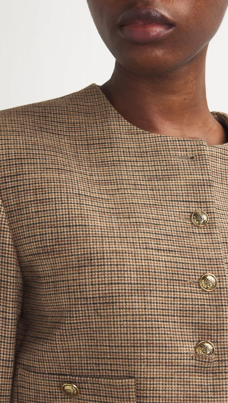 ROUND-NECK HOUNDSTOOTH-PATTERN WOVEN JACKET IN BRUNS