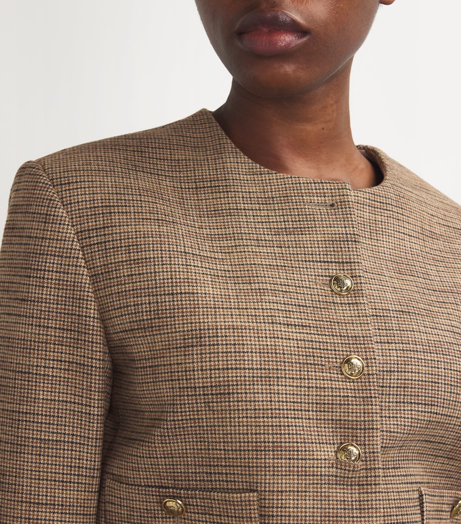ROUND-NECK HOUNDSTOOTH-PATTERN WOVEN JACKET IN BRUNS