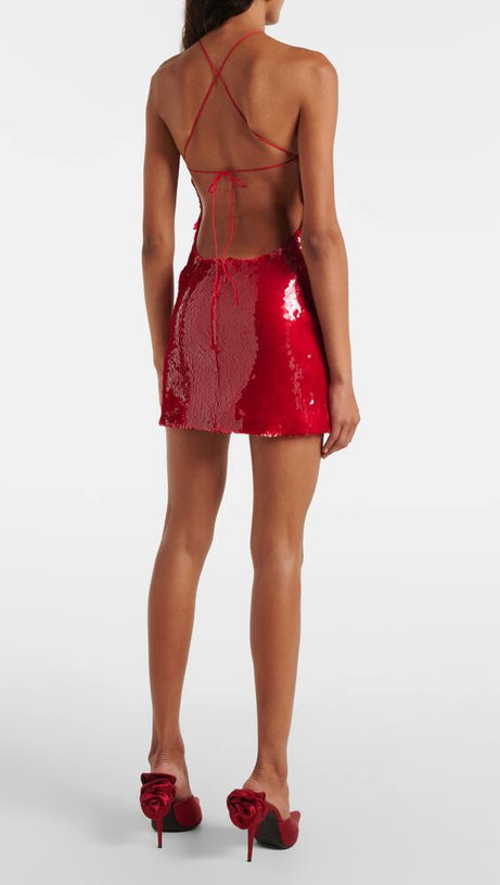 CINWA FLORAL APPLIQUÉ HALTER SEQUIN MINI DRESS IN RED