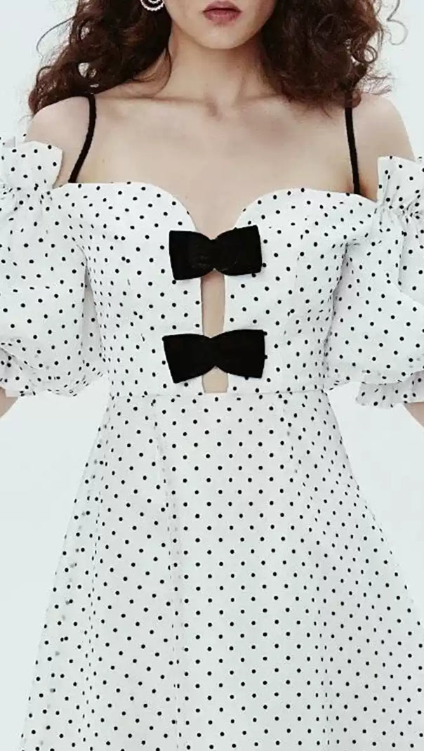 AIIZIE ELEGANT POLKA DOT OFF - SHOULDER MIDI DRESS WITH BOW DETAILS - product image