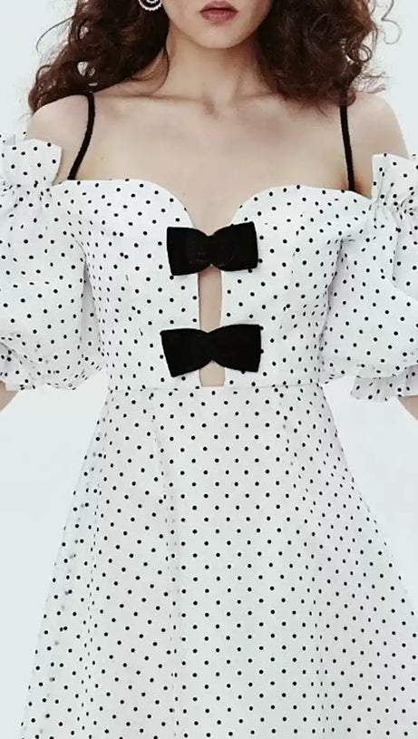 ELEGANT POLKA DOT OFF - SHOULDER MIDI DRESS WITH BOW DETAILS