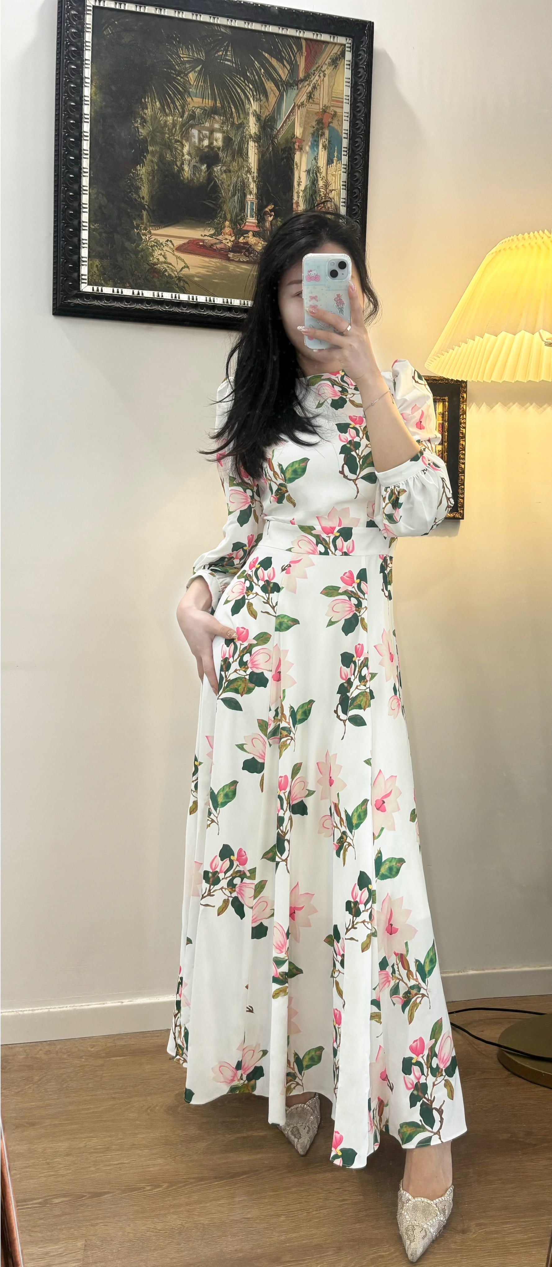 ELEGANT FLORAL PRINT  WITH PUFF SLEEVES MAXI DRESS