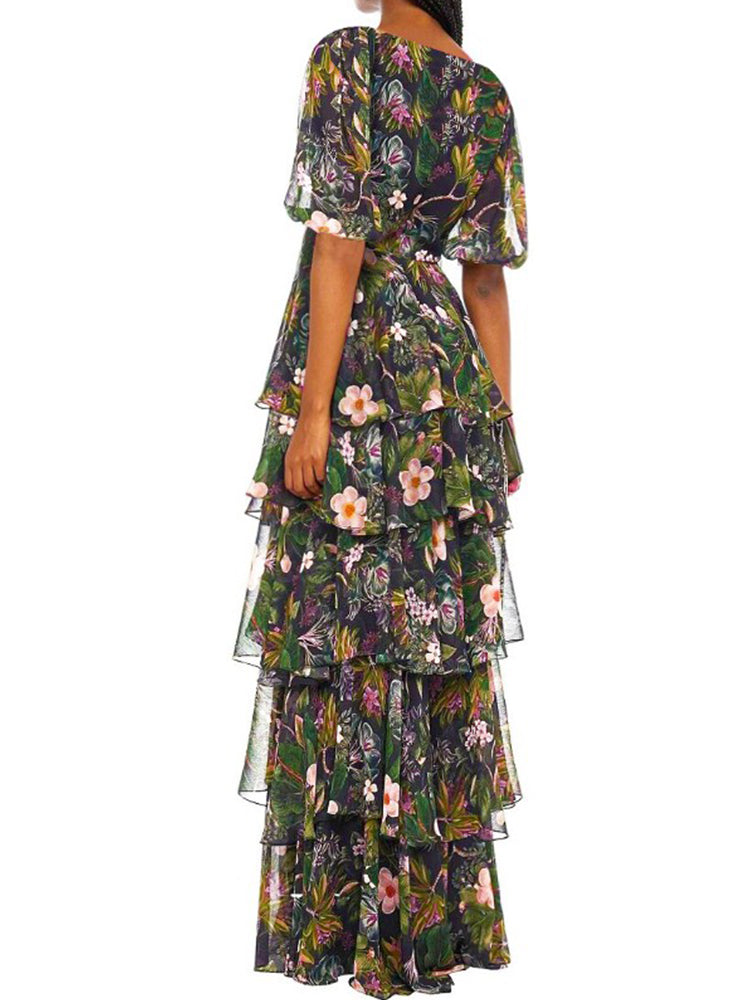 BLACK FLORAL RUFFLE SHORT - SLEEVE MAXI DRESS