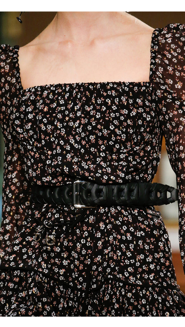 AIIZIE BLACK FLORAL SHEER - SLEEVED TIERED MIDI DRESS - product image
