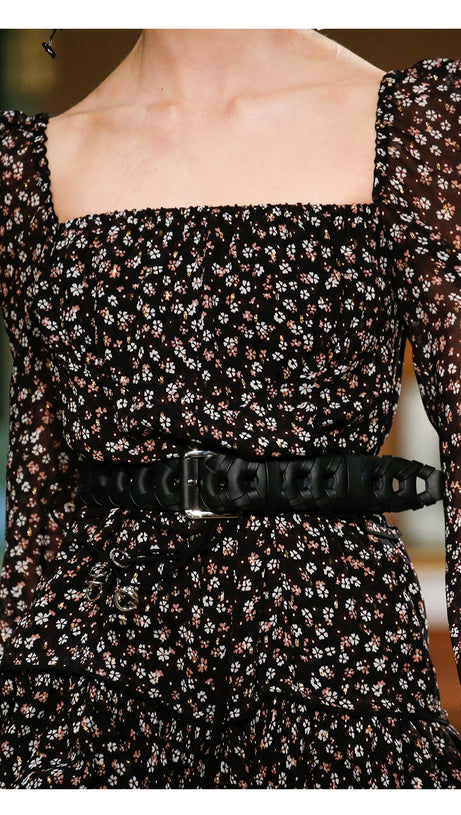 ABITO MIDI A BALZE CON MANICHE TRASPARENTI E FLOREALI NERI