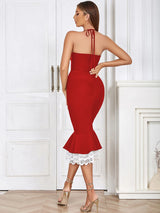 RED LACE BUTTON FRONT MERMAID HEM BANDAGE DRESS
