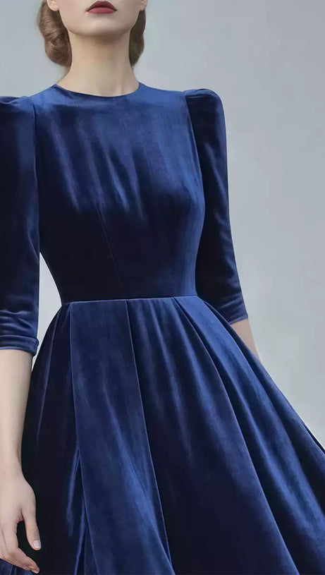 NAVY BLUE VELVET MIDI DRESS WITH PUFF SLEEVES
