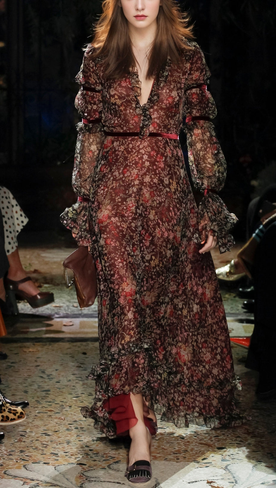 BURGUNDY FLORAL CHIFFON MAXI DRESS WITH RUFFLED SLEEVES