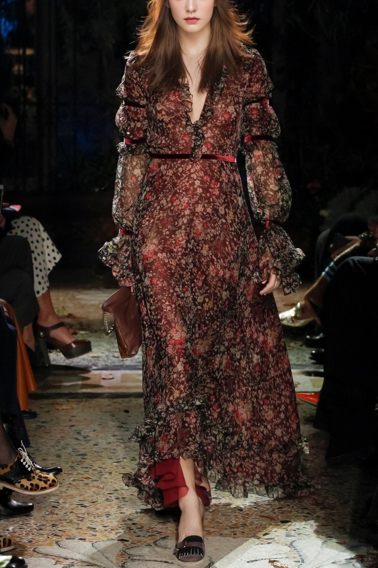 BURGUNDY FLORAL CHIFFON MAXI DRESS WITH RUFFLED SLEEVES