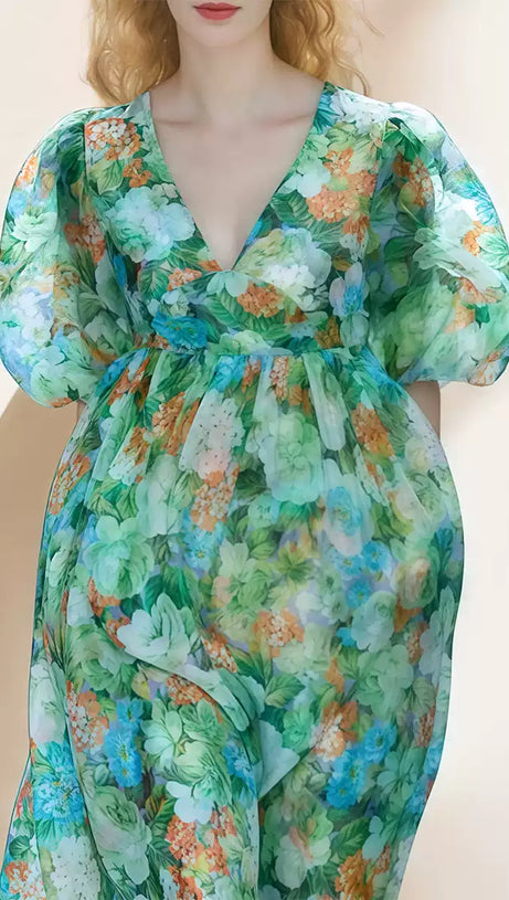 TEAL FLORAL MAXI DRESS WITH PUFF SLEEVES AND V - NECK