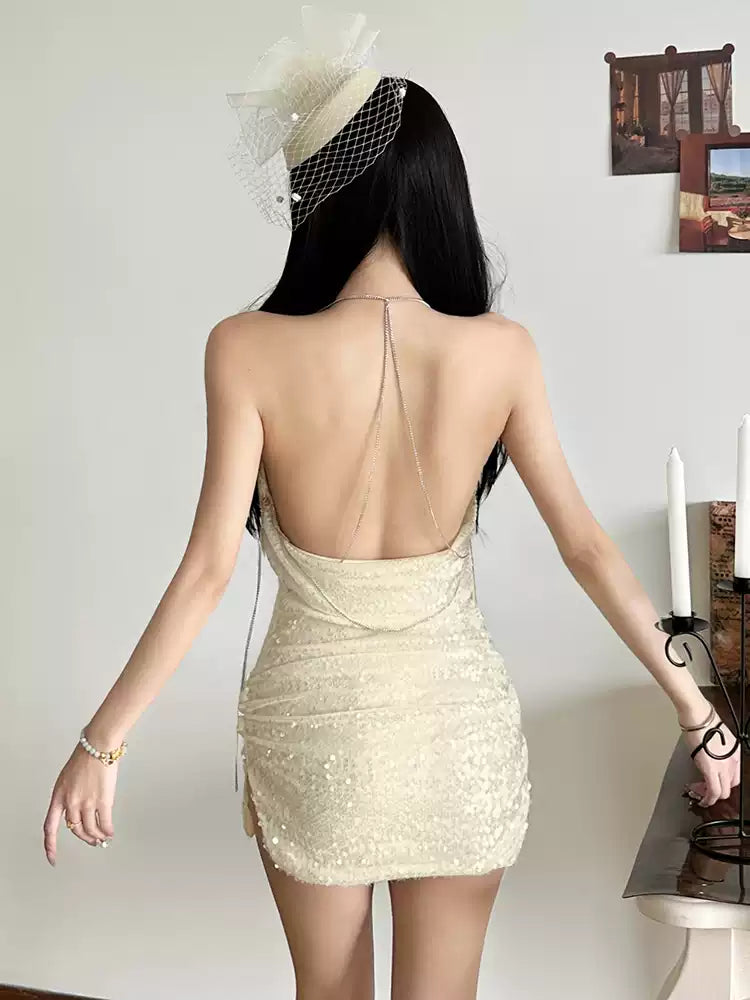 AIIZIE APRICOT SEQUIN HALTER NECK RUCHED HOMECOMING DRESS - product image