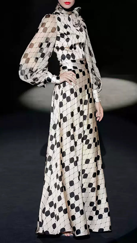 POLKA DOT SATIN GOWN WITH SHEER SLEEVES & BOW NECKLINE