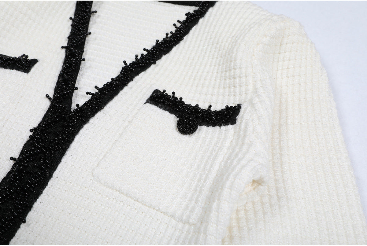 WHITE PEARL TRIM KNIT MINI DRESS