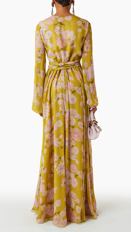 YELLOW FLORAL MAXI DRESS WITH FLOWY SLEEVES AND BELTED WAIST