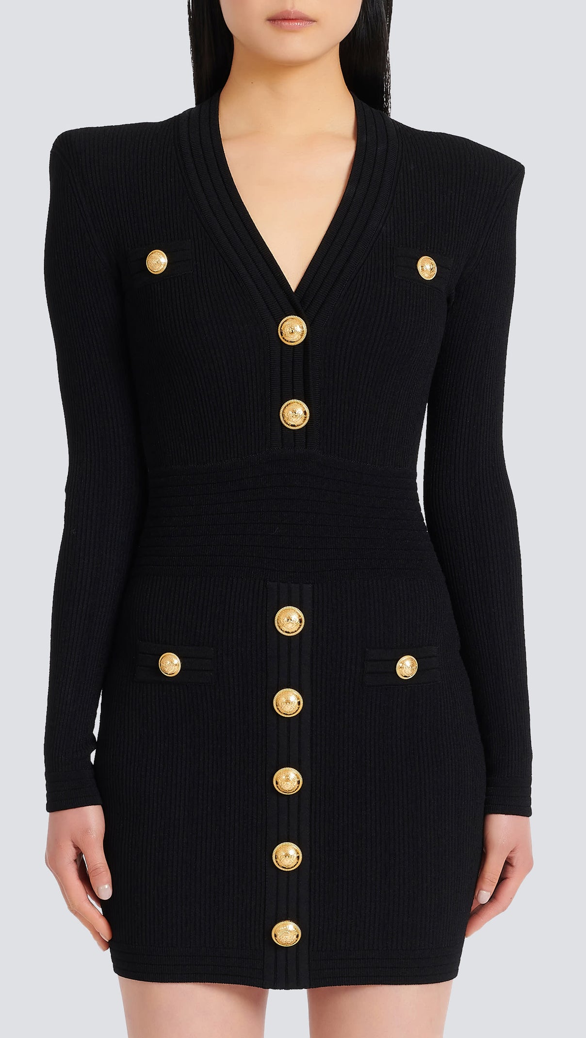 AIIZIE TARA BLACK SHORT KNITTED MINI DRESS WITH GOLD BUTTONS - product image
