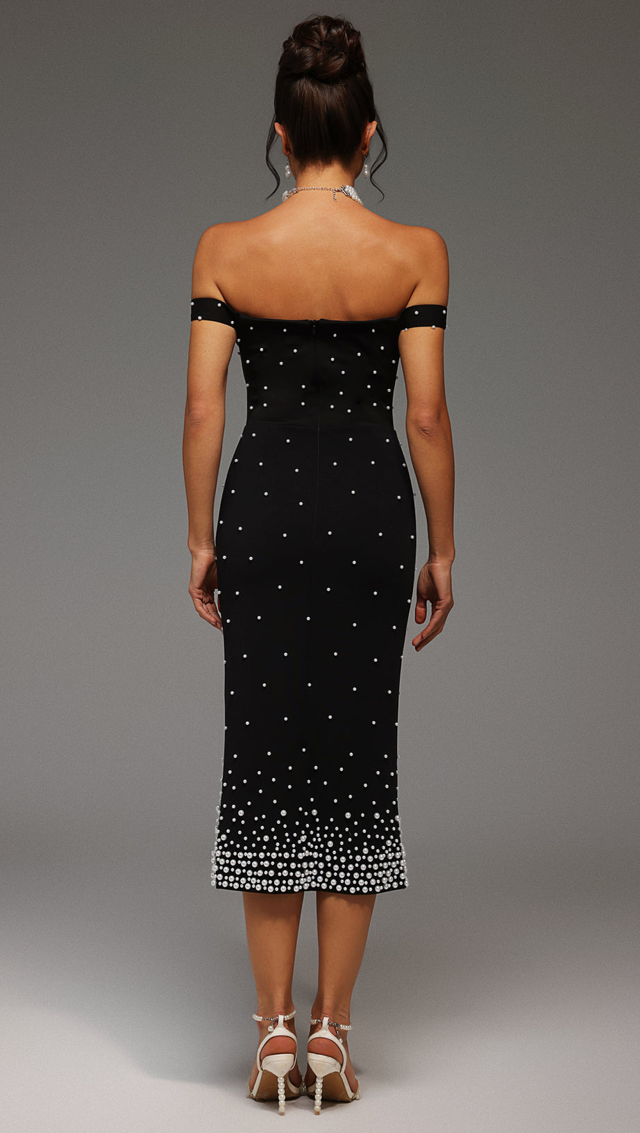 PEARL POLKA DOTS EMBELLISHED MIDI DRESS IN BLACK