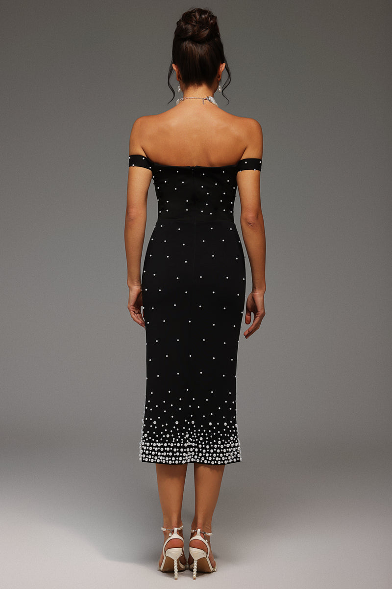 pearl polka dots embellished midi dress in black