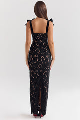 hermosa Bow Strap Embroidered Lace Maxi Dress in black