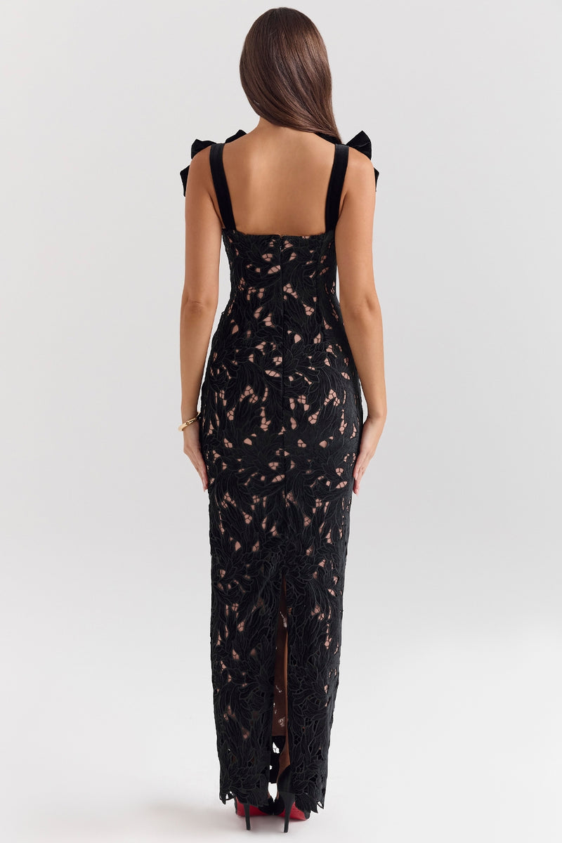 hermosa Bow Strap Embroidered Lace Maxi Dress in black