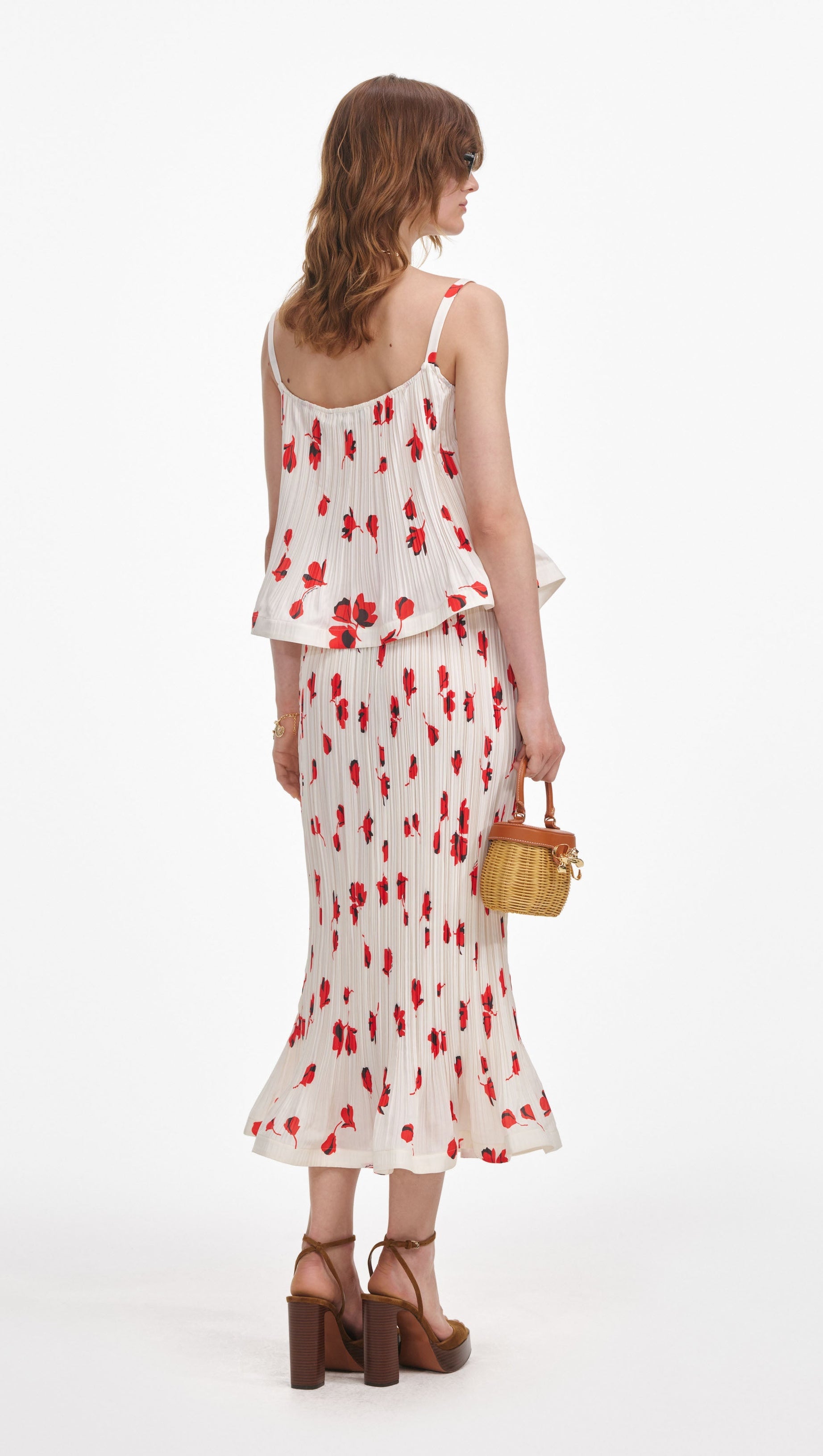 Weißer Plissee-Midirock mit Blumenmuster