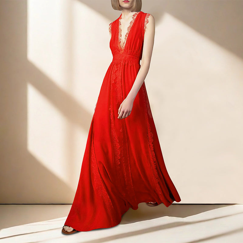 ELEGANT RED MAXI DRESS WITH SHEER LACE V - NECK
