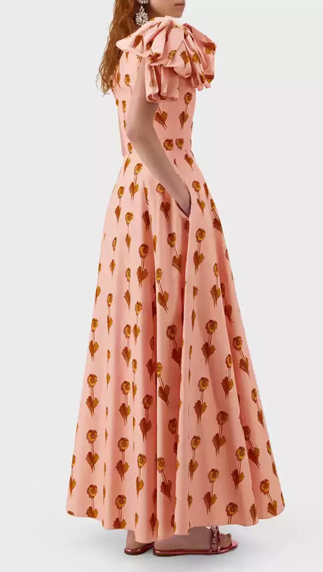 PINK ONE - SHOULDER FLORAL PRINT MIDI DRESS WITH BOW DETAIL