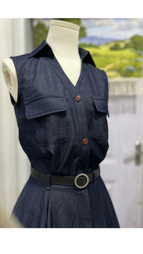 NAVY SLEEVELESS SHIRT MIDI DRESS