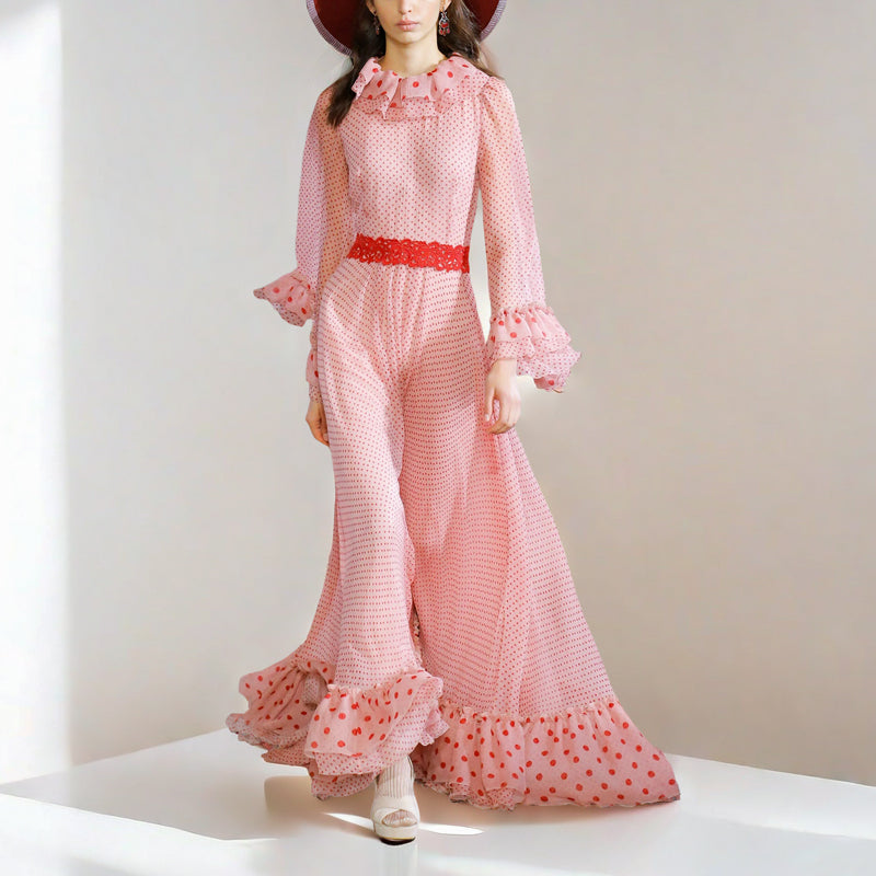 PINK POLKA DOT MAXI DRESS WITH RUFFLES AND RED BELT