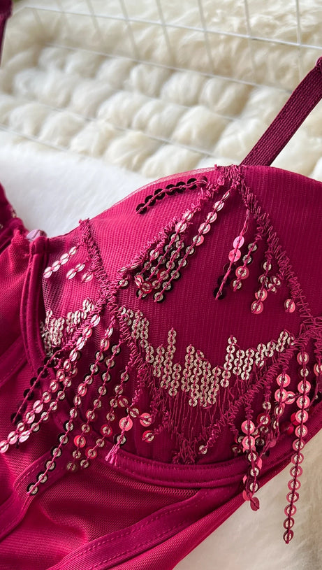 CAROL SEQUIN FRINGE MAXI DRESS IN RED