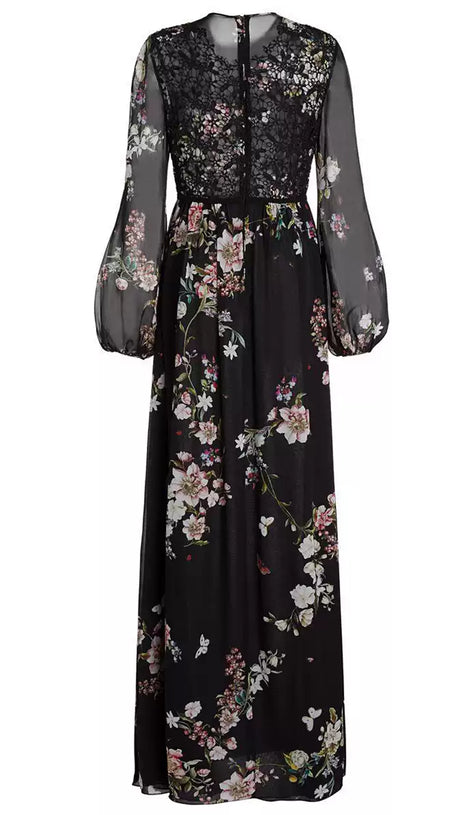 BLACK ELEGANT FLORAL LONG DRESS WITH SHEER SLEEVES AND LACE DETAIL