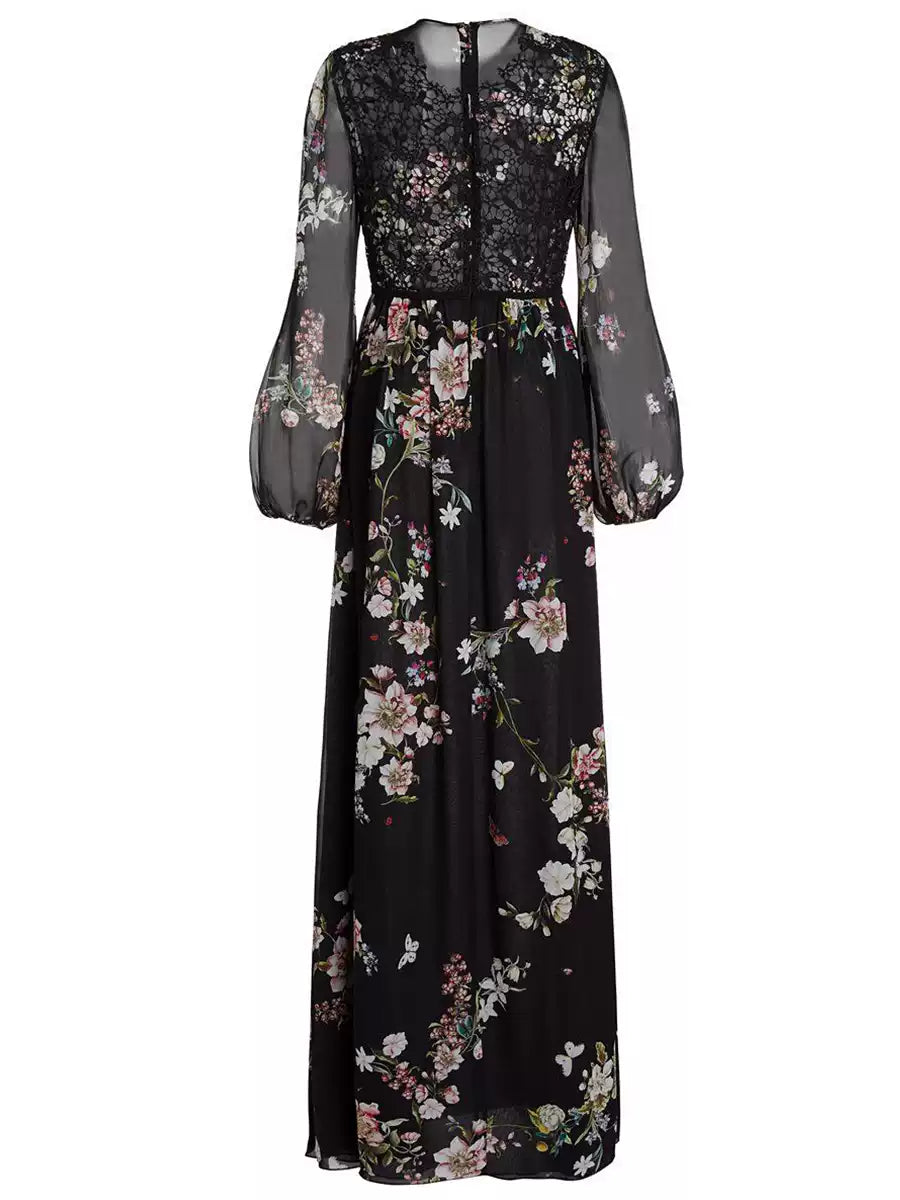 BLACK ELEGANT FLORAL LONG DRESS WITH SHEER SLEEVES AND LACE DETAIL