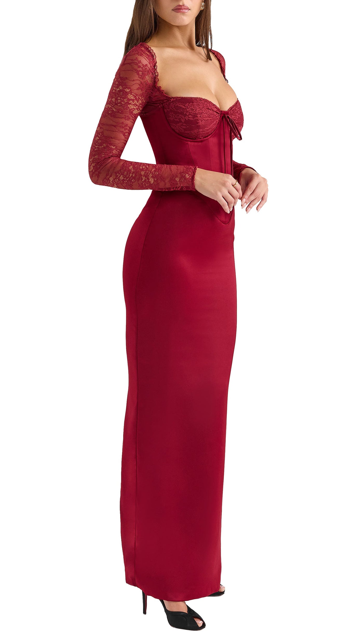 BURGUNDY SATIN MAXI DRESS WITH CORSET