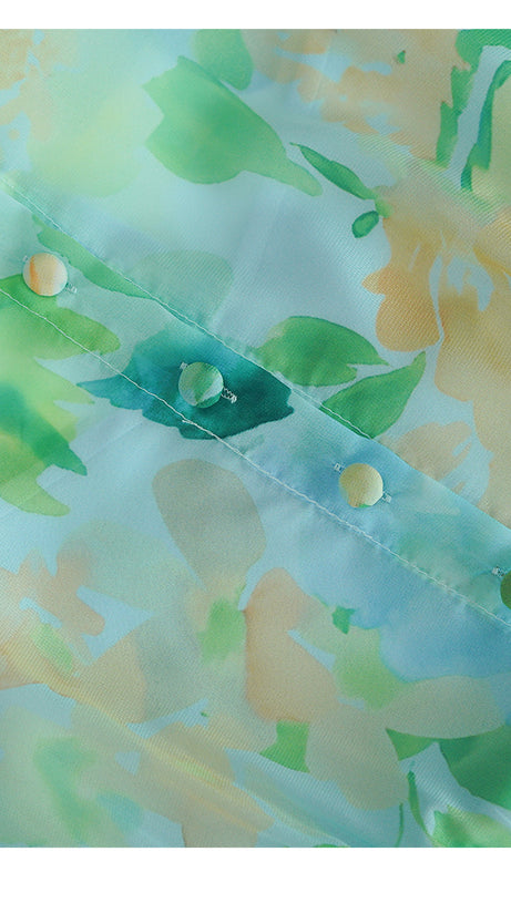 BLUE - GREEN FLORAL CHIFFON MAXI DRESS WITH BELTED WAIST