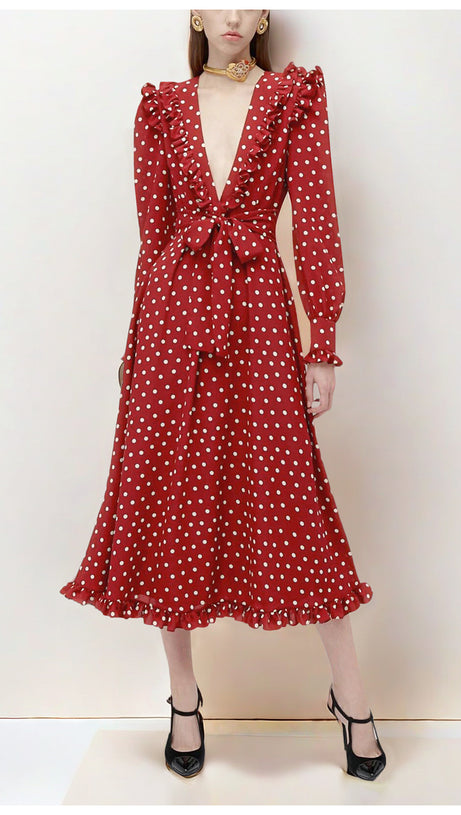 BURGUNDY POLKA DOT MAXI DRESS WITH RUFFLED V - NECK AND BELT