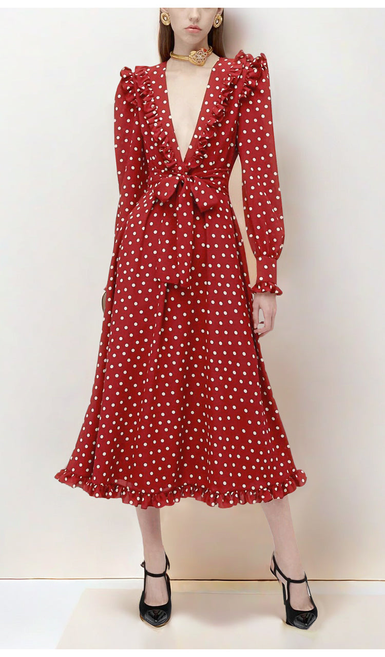 BURGUNDY POLKA DOT MAXI DRESS WITH RUFFLED V - NECK AND BELT