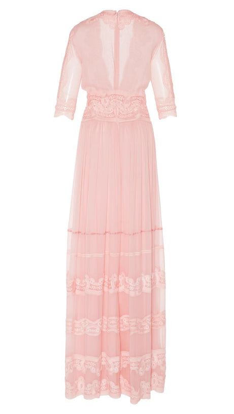 ELEGANT PINK SHEER LACE MAXI DRESS WITH EMBROIDERY
