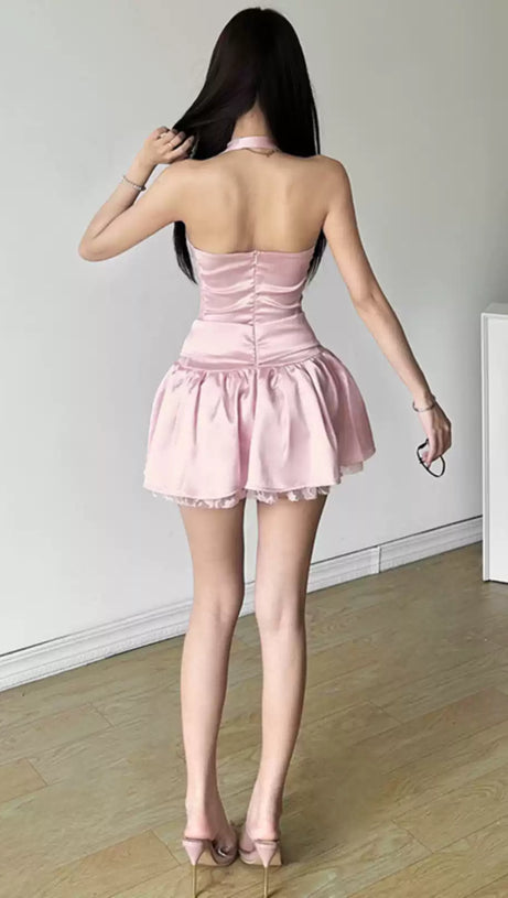 Rosa Satin Neckholder Schleife - Accent Mini Hoco Kleid 