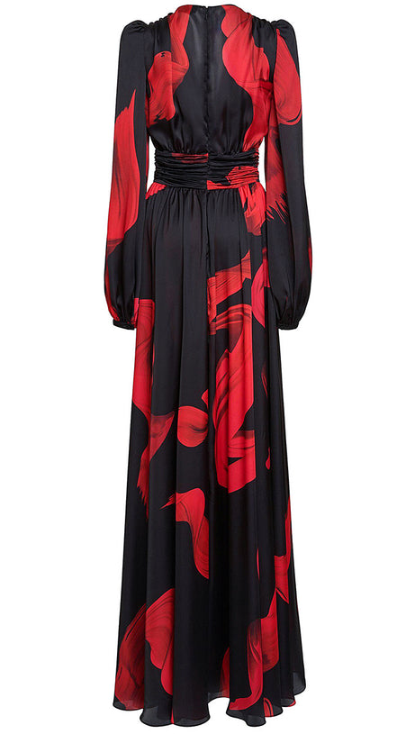 BLACK MAXI DRESS WITH RED PRINTS, PUFF SLEEVES & V - NECK
