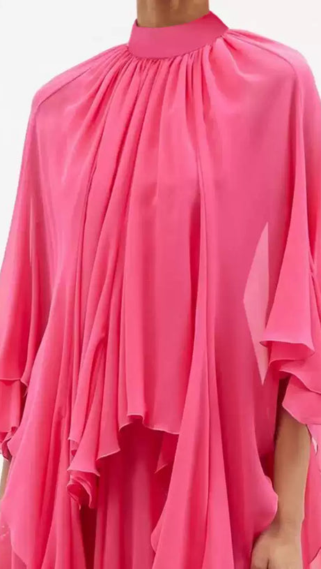 PINK CHIFFON RUFFLED MAXI DRESS WITH HIGH NECKLINE