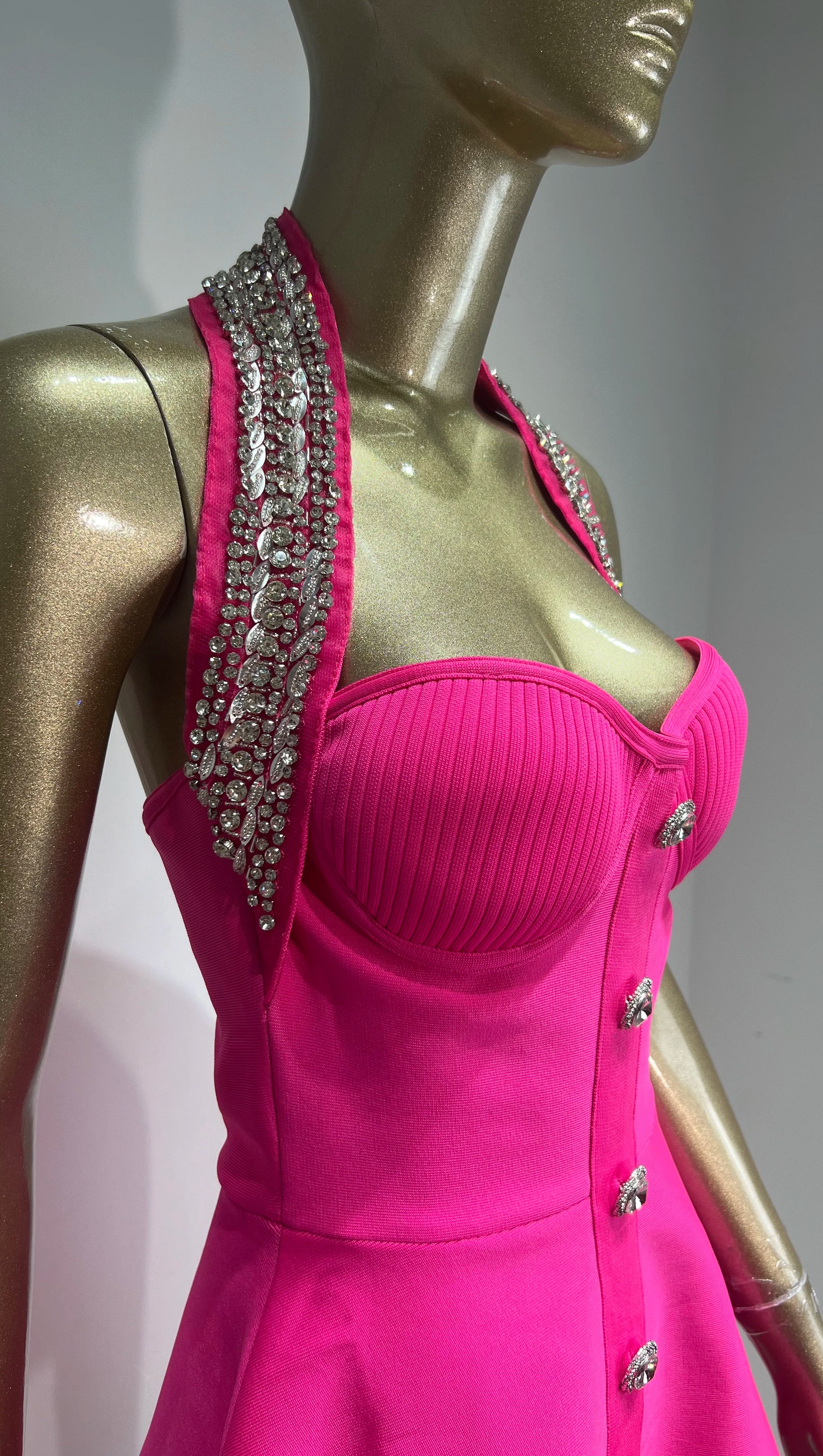 HEDDA RHINESTONE EMBELLISHED HALTER MINI DRESS IN PINK