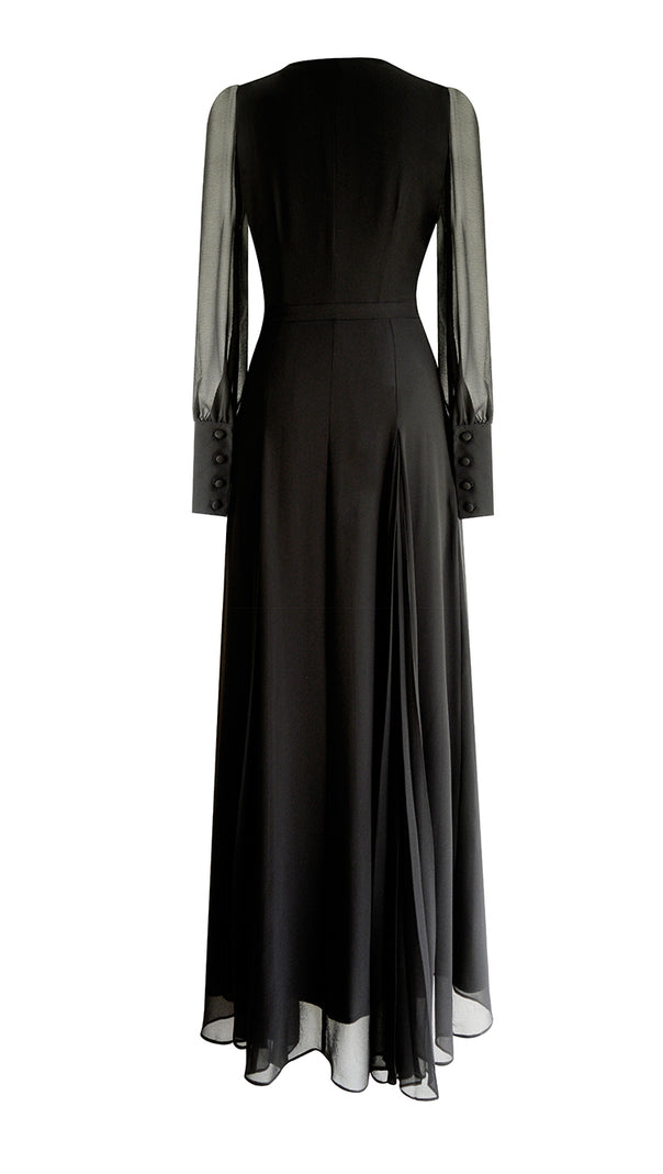 AIIZIE ELEGANT BLACK MAXI DRESS WITH DEEP V - NECK & LONG SLEEVES - product image